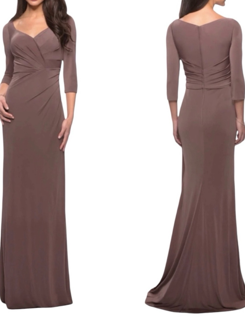 La Femme Taupe/Brown Long Sleeve V-Neck Wrap Dress